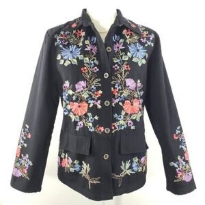 Take Two Embroidered Floral Jacket Lightweight Black Size S Cotton‎ Button Front